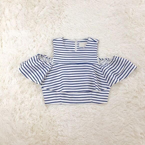 JOA white blue striped croptop cold shoulder Large - Picture 2 of 7